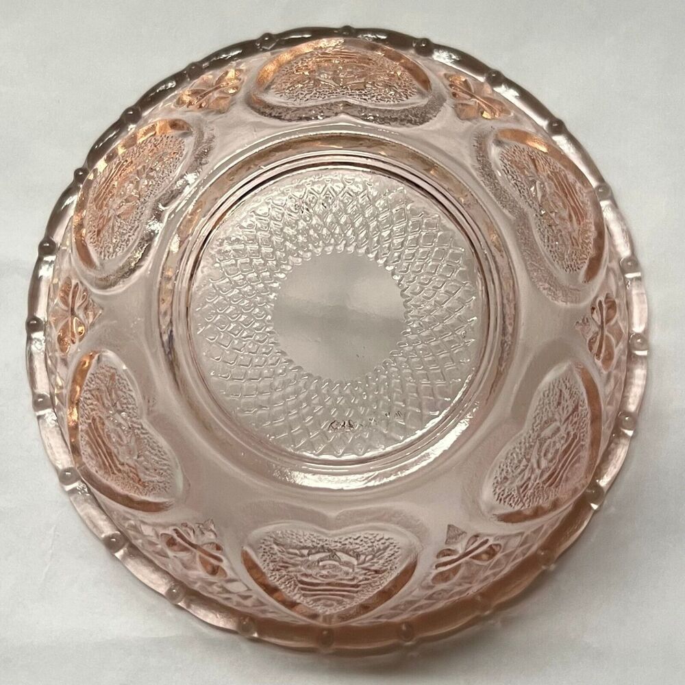 Vintage Pink Glass Heart Motif Embossed Sugar, Candy, Trinket Dish with Lid - Picture 10 of 13